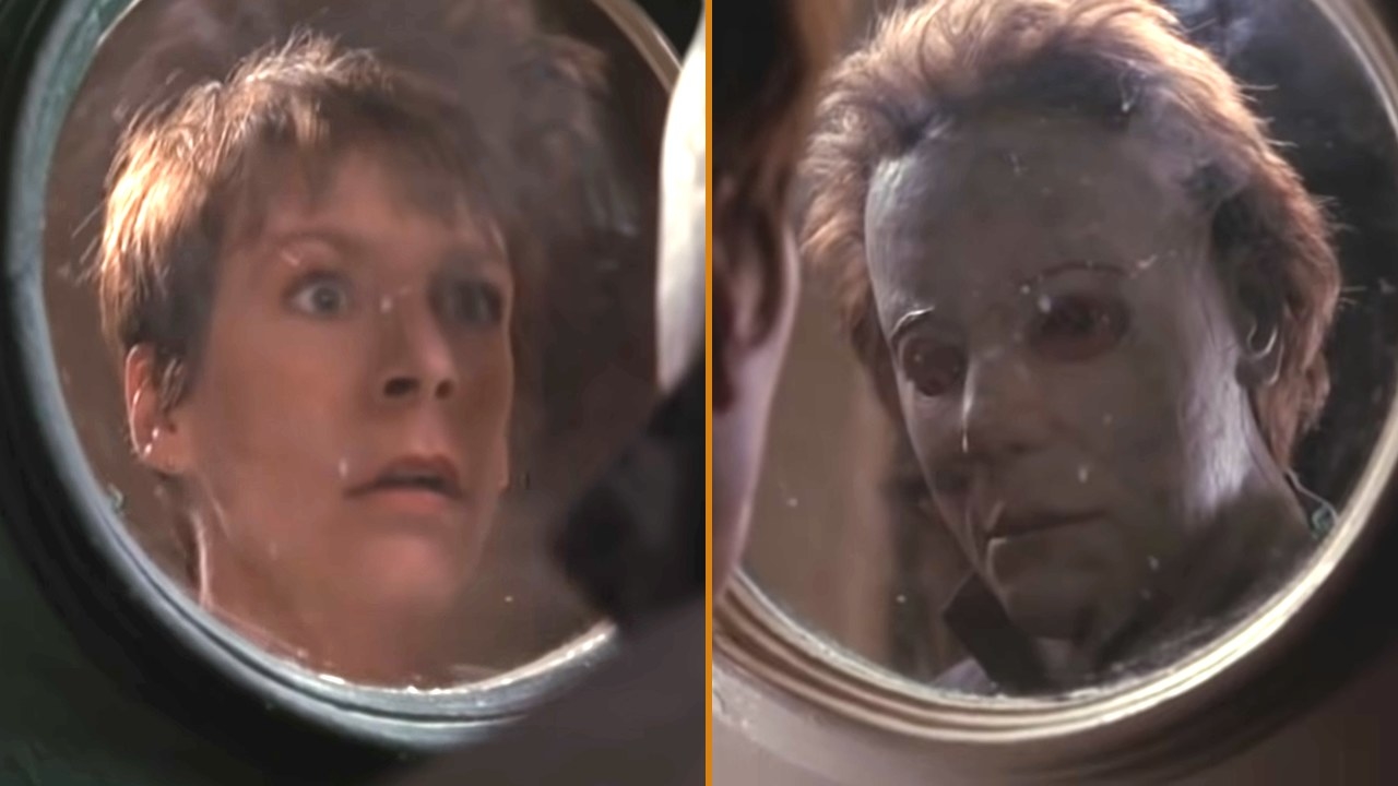 Middle aged Laurie Strode and Michael Myers look at each other through a round window.