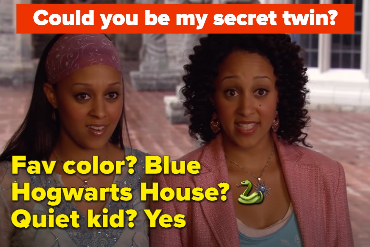 "Fav color: blue, Hogwarts House: Quiet kid: Yes" is written on the left with Tia and Tamera labeled, "Could you be my secret twin?"