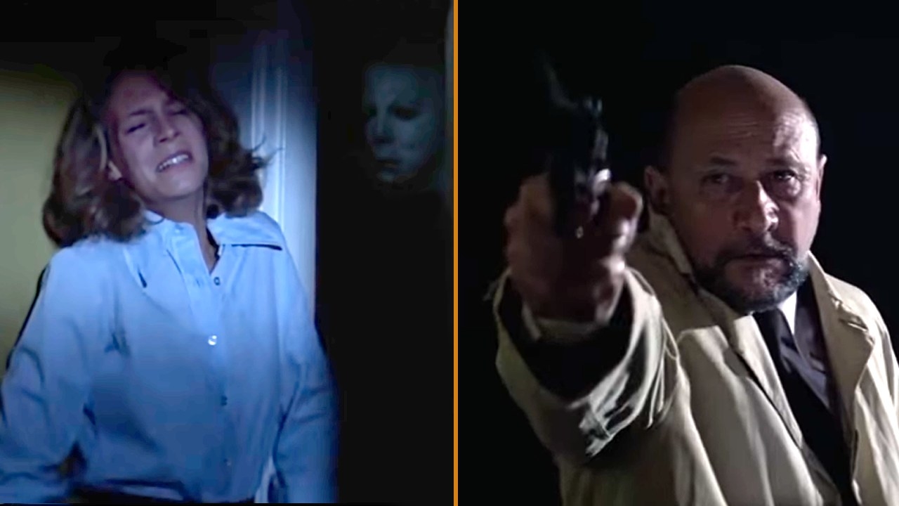 Laurie Strode hides in fear while Michael Myers creeps behind her. Dr. Loomis aims his revolver