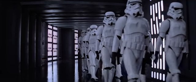 Stormtroopers walking inside the Death Star in &quot;Star Wars: Episode IV - A New Hope&quot;
