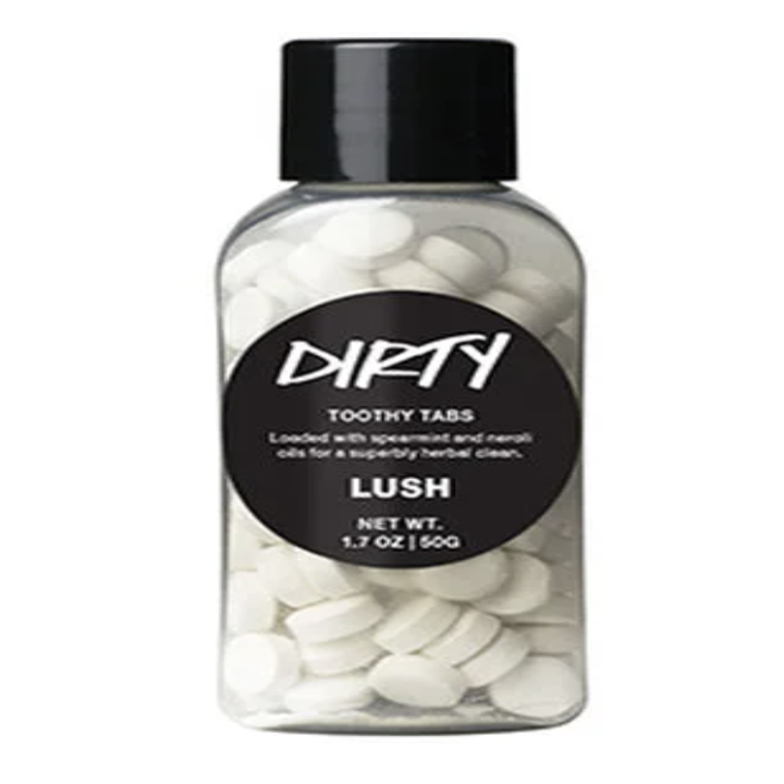 Lush's toothpaste tabs in a plastic bottle