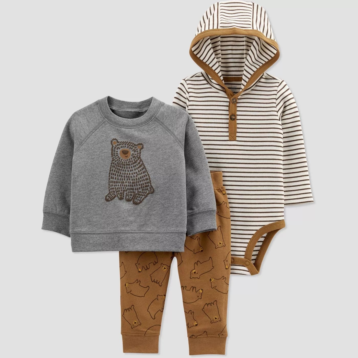 A striped onesie, a gray sweater with a bear, and brown leggings with a bear pattern