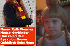 A woman is wearing a Gryffindor scarf on the left labeled, "Name: Ruth Weasley House: Gryffindor Hair color: Red Eye color: Brown Quidditch Role: None" with Cindy Lou Who on the right