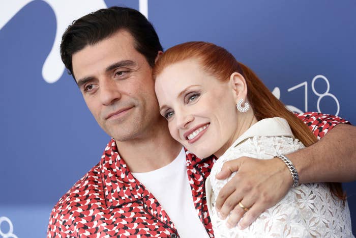Oscar Isaac and Jessica Chastain hug at the photocall of &quot;Scenes From a Marriage&quot;