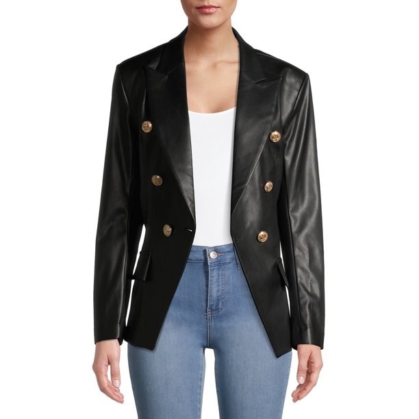 A faux leather double breasted blazer