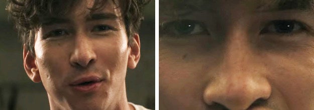 Left: Theo holding a cupcake in his hand; Right: Theo taking a bite of the cupcake