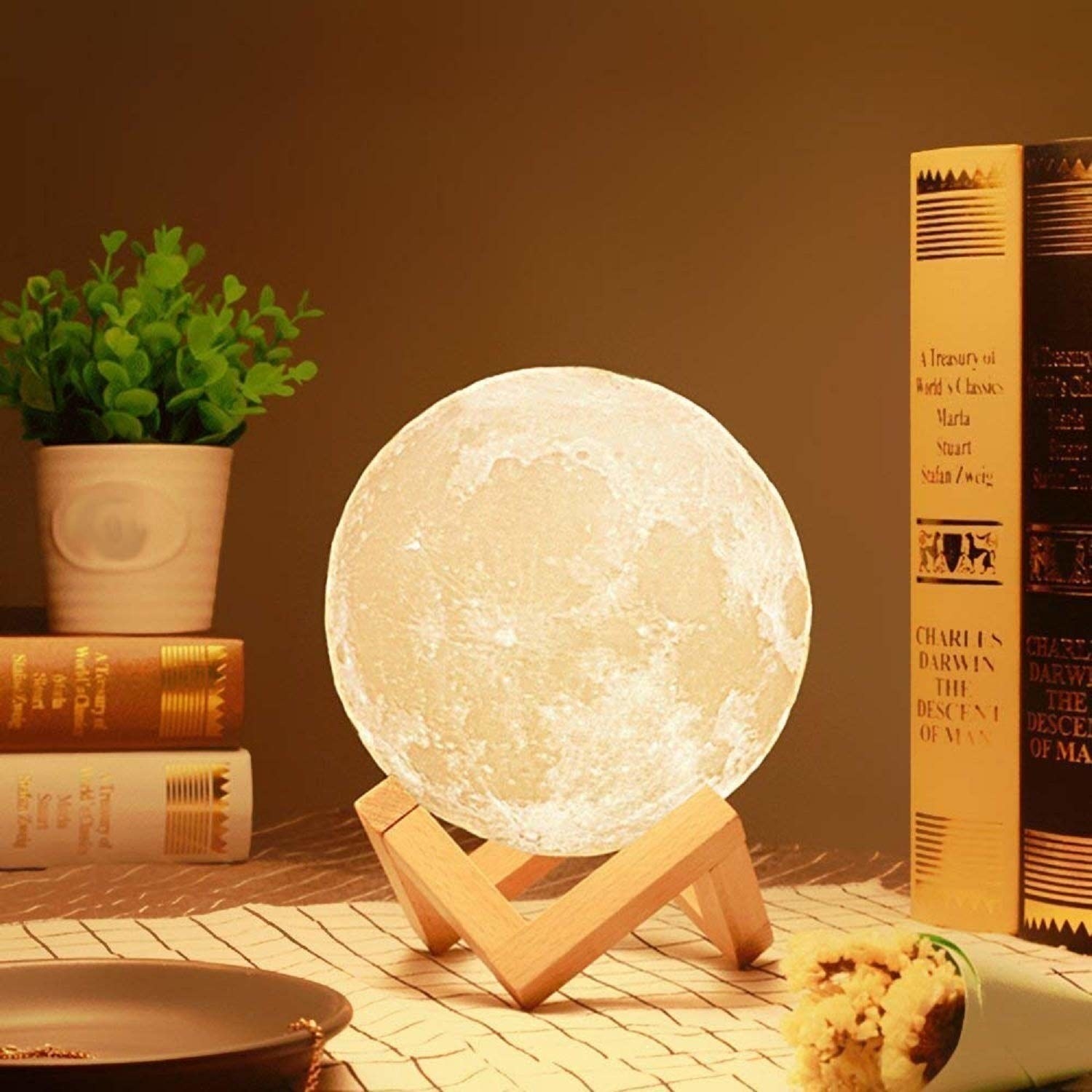A moon lamp on a table with a stand