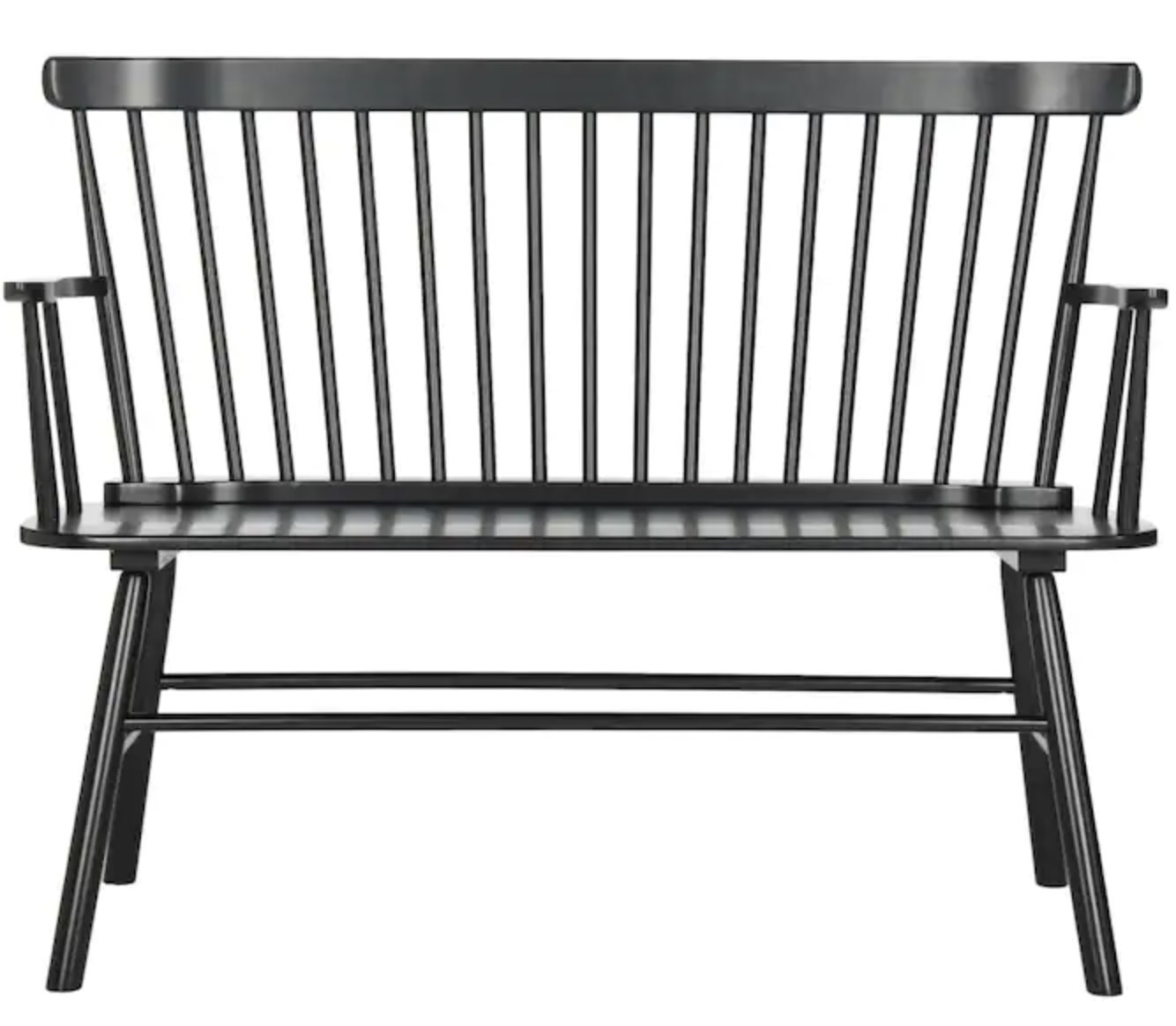 a black bench with arms and four legs