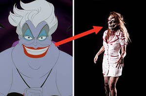 Ursula is on the left with an arrow pointing at a nurse costume on the right