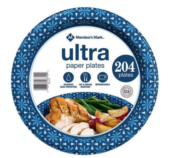 A pack of 204 paper plates that are microwavable-safe and cut and grease resistant