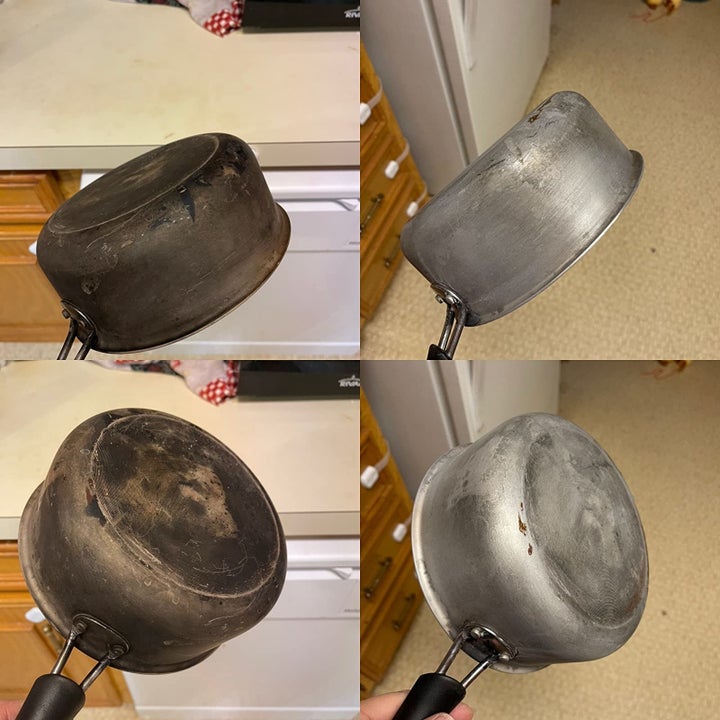 top left to bottom right: before and after of tarnished pot turned silver again after using The Pink Stuff cleaning paste above