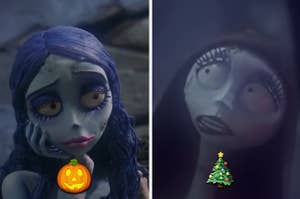 Emily from "Corpse Bride" is labeled with a pumpkin and Sally from "Nightmare Before Christmas" is labeled with a Christmas tree emoji