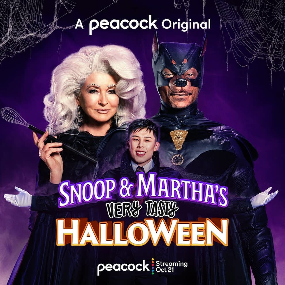 Promo photo for Snoop &amp;amp; Martha&#x27;s Very Tasty Halloween featuring Snoop in Bat Snoop costume, Martha Stewart in huge wig and Alvin Zhou in vampire costume