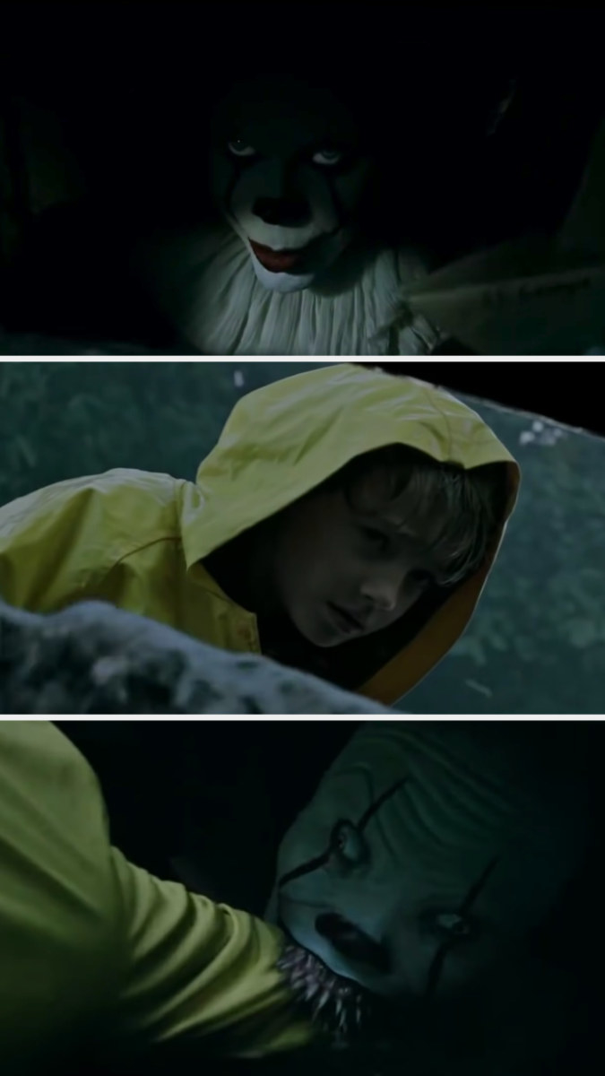 Pennywise is talking to a child from inside the sewer and then when the child reaches in to retrieve his toy, Pennywise grows four rows of teeth and eats the kid.