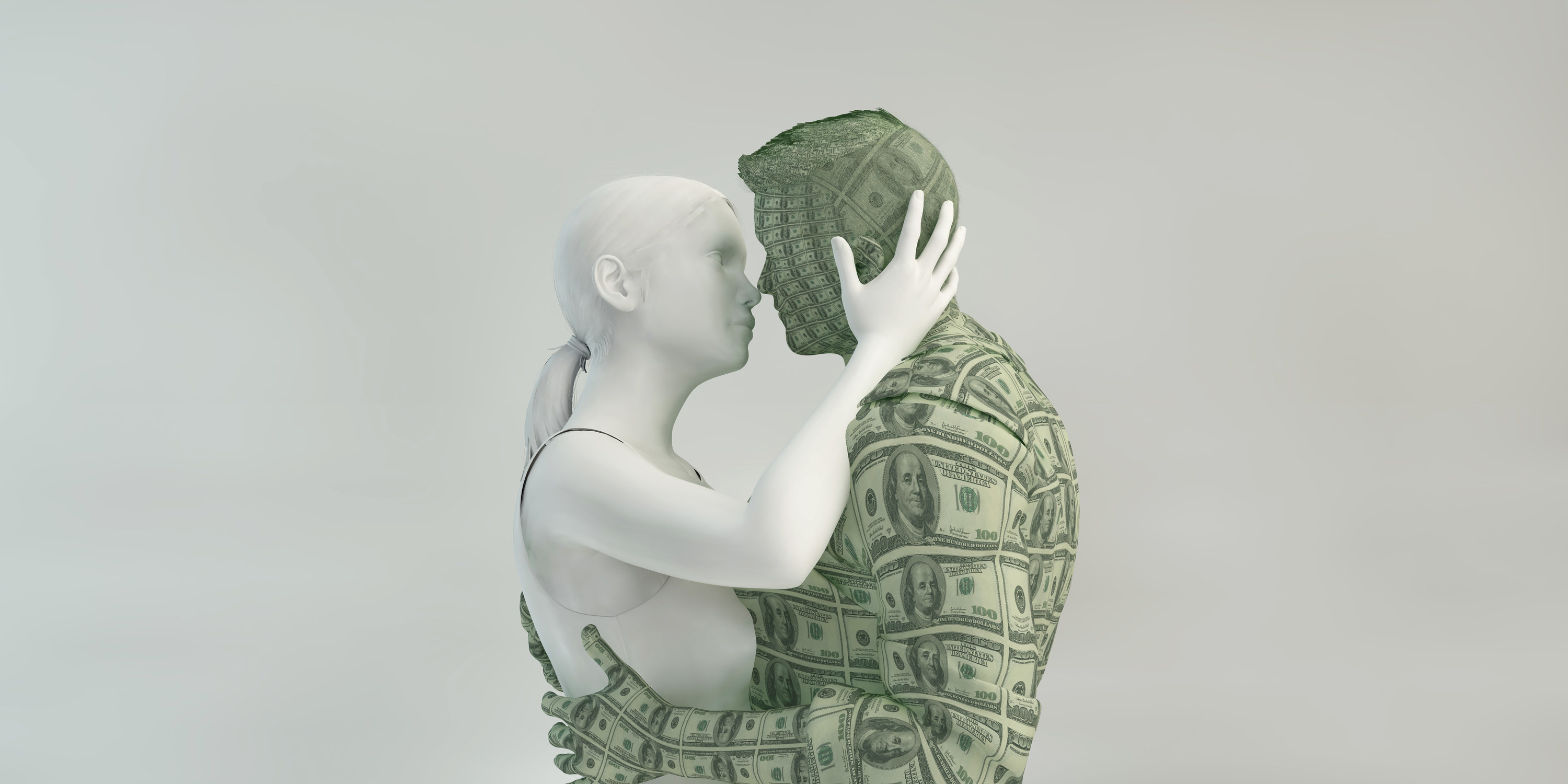 Woman made of marble is leaning in for kiss with a man made up of $100 bills.