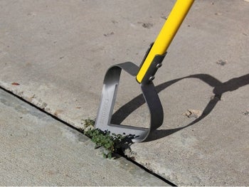 up-close view of the weeder removing a weed in between the concrete