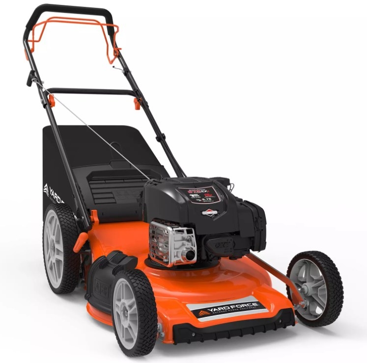 A Yard Force 22&quot; self-propelled lawn mower that boasts 3-in-1 cutting options: rear bag, mulching, and side-discharge