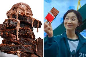 Chocolate ice cream is on top of brownies with a player holding a chocolate bar on the right