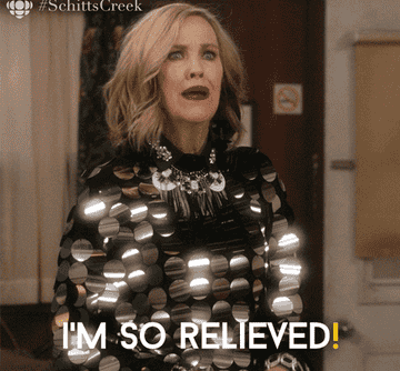 Catherine O&#x27;Hara from Schitt&#x27;s Creek saying &quot;I&#x27;m so relieved&quot;