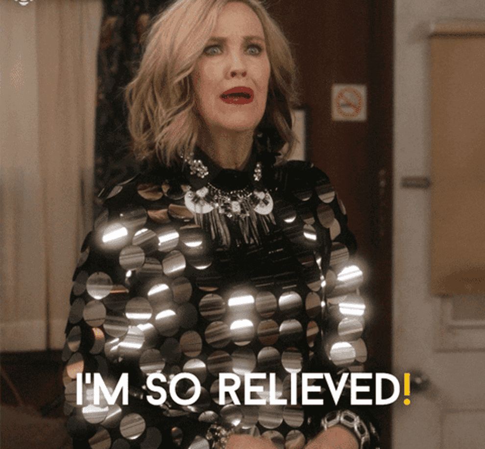 Catherine O&#x27;Hara from Schitt&#x27;s Creek saying &quot;I&#x27;m so relieved&quot;