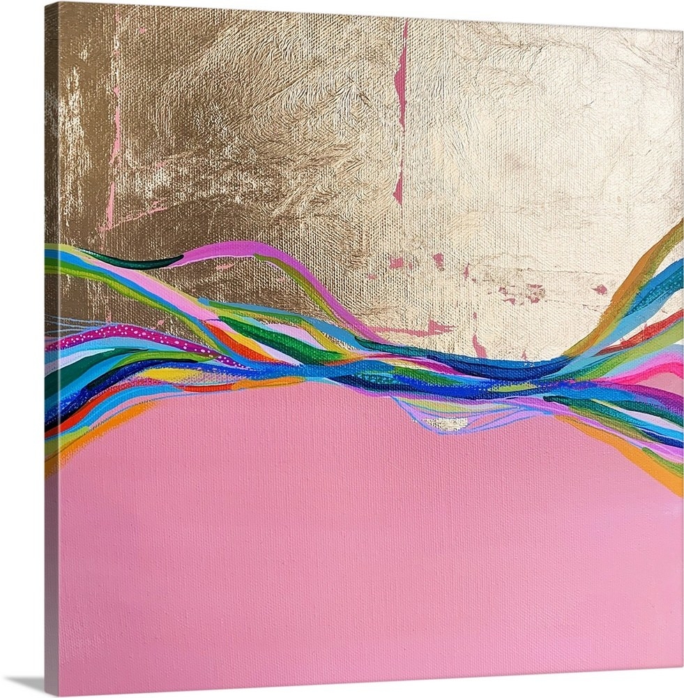 canvas piece of wall art with abstract colorful waves and a metallic background