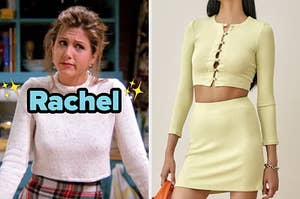 On the left, Rachel from Friends, and on the right, someone wearing a cropped cardigan and mini skirt set