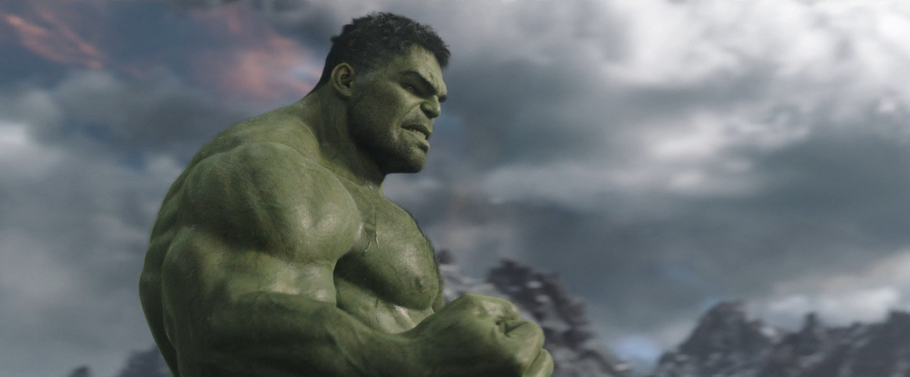 A side profile of a shirtless Hulk