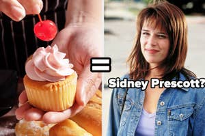 A hand holds a cupcake as another hand puts a single cherry on top and a close up of Sidney Prescott from "Scream"