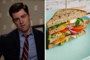 A close up of Schmidt from "New Girl" and half of a club sandwich on a plate