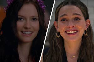 Lexie Grey wears a sparkly crown and a close up of a smiling Love Quinn from "You"