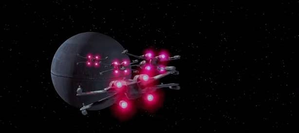 x翼战斗机飞行对死星的“星球大战:第四集——一个新的Hope"