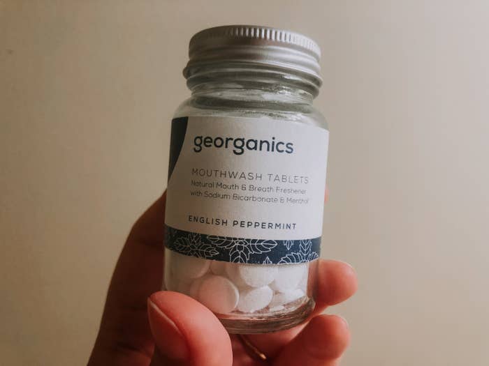 Georganics mouthwash tablets in glass bottle