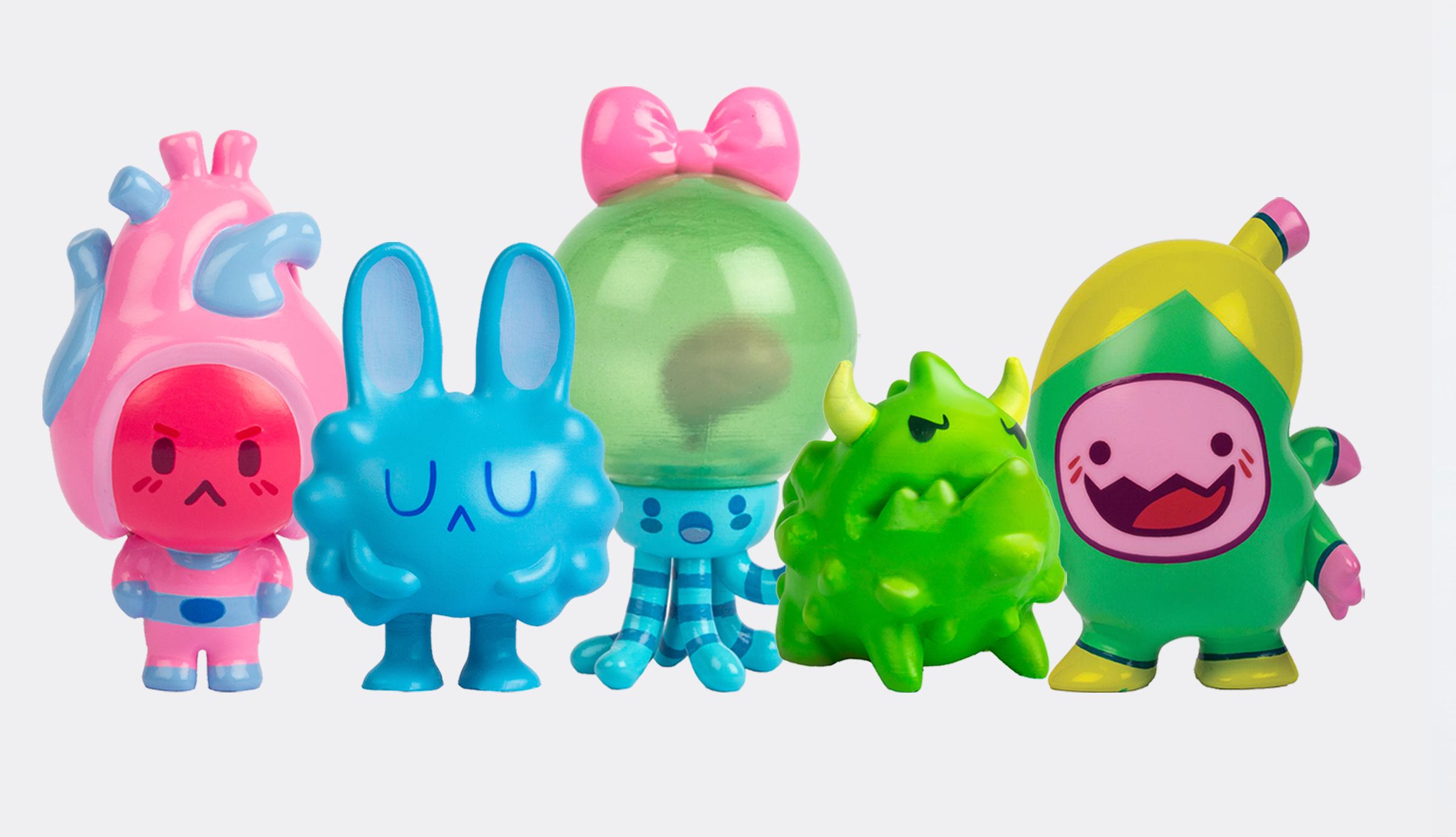 Lineup of fiver colorful Organauts figures