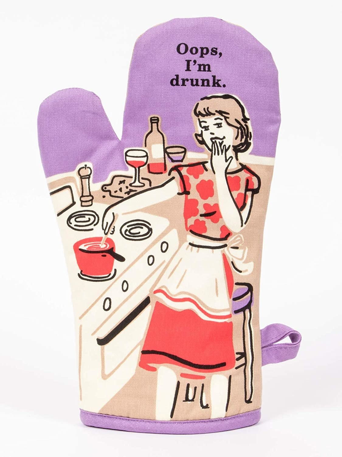 Oven mitt with the words &quot;Oops, I&#x27;m drunk.&quot; and a graphic of a woman cooking
