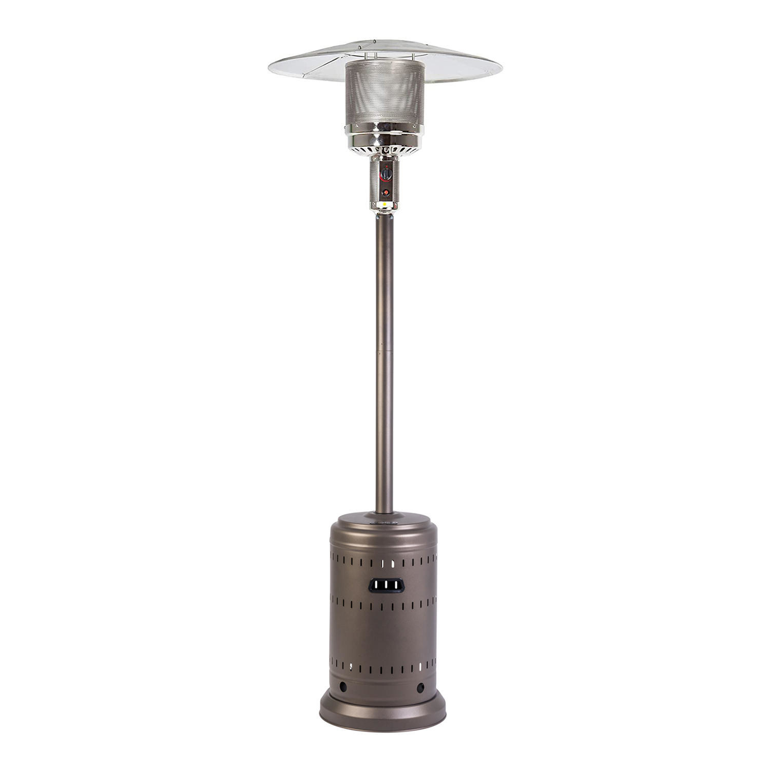 A patio heater that includes built-in wheels and can be used with 20-pound propane tank