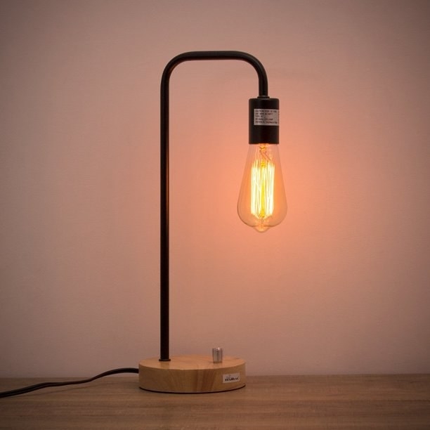 Industrial lamp without shade with wood base and metal lamp