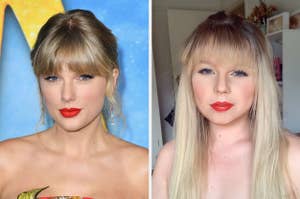 Taylor Swift on a red carpet next to a makeup artist transformed as her