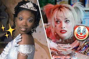 Singer Brandy wears an off the shoulder gown and tiara and a close up of Harley Quinn from "Birds of Prey"