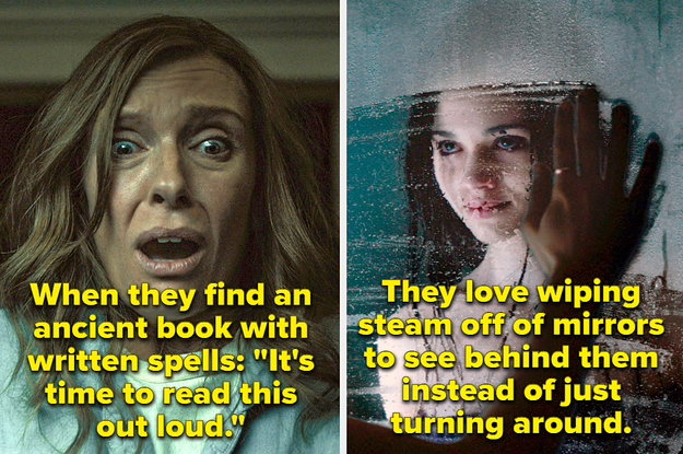 Toni Collette in Hereditary and a woman wiping steam off of a mirror