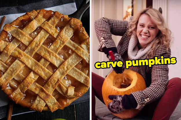 On the left, an apple pie, and on the right, Kate McKinnon carving a pumpkin in an SNL sketch