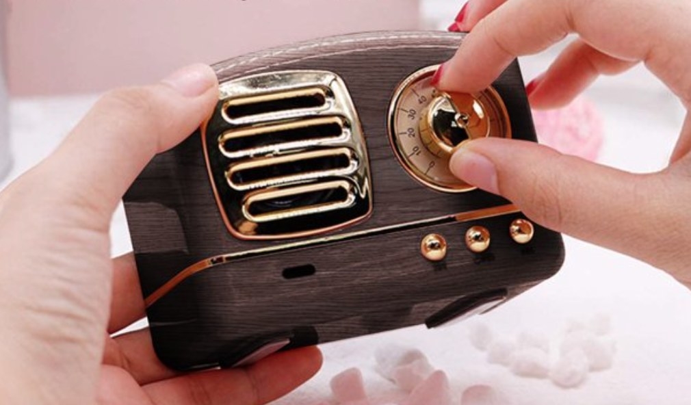 Woodgrain mini radio looking speaker