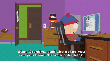 Randy asks son Stan, who is upset and staring at the computer, why he hasn&#x27;t responded to Grandma&#x27;s Facebook poke in &quot;South Park&quot;