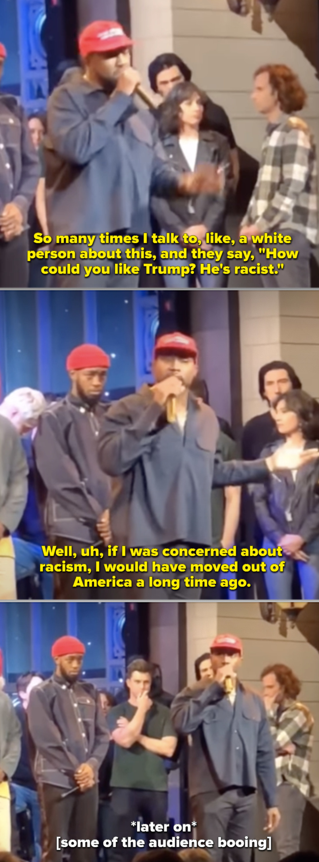 Kanye West on stage at &quot;SNL&quot; while some of the cast awkwardly stands behind him