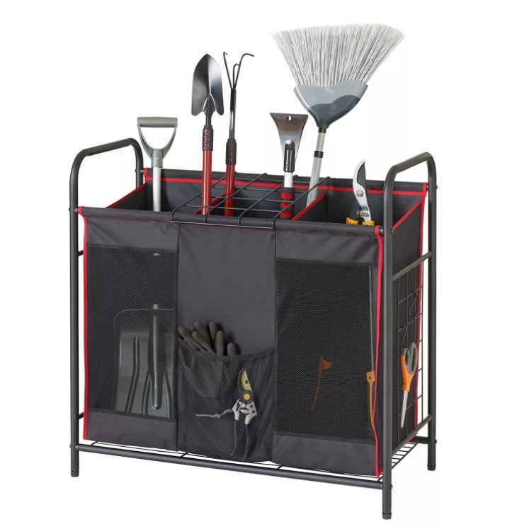 A multipurpose utility organizer that can hold garden and outdoor tools