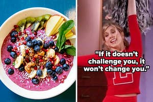 An overhead shot of a bowl of fruit and yogurt and Rachel Green wears a cheerleading uniform