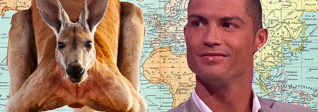 Cristiano Ronaldo and a kangaroo over a map of the world