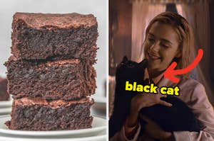 On the left, a stack of brownies, and on the right, Sabrina from Chilling Adventures os Sabrina holding Salem the cat with an arrow pointing to him and black cat typed next to him