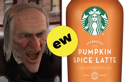 Scrooge is on the left looking at Starbucks Pumpkin Spice Latte on the right labeled, "ew"