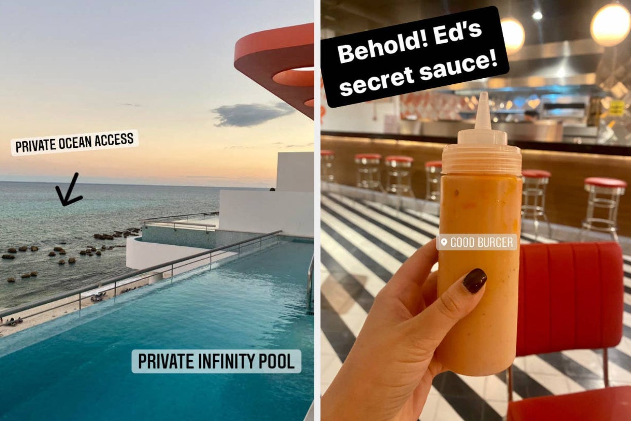 on left an infinity pool during sunset and on right a hand holding ed's secret sauce from good burger