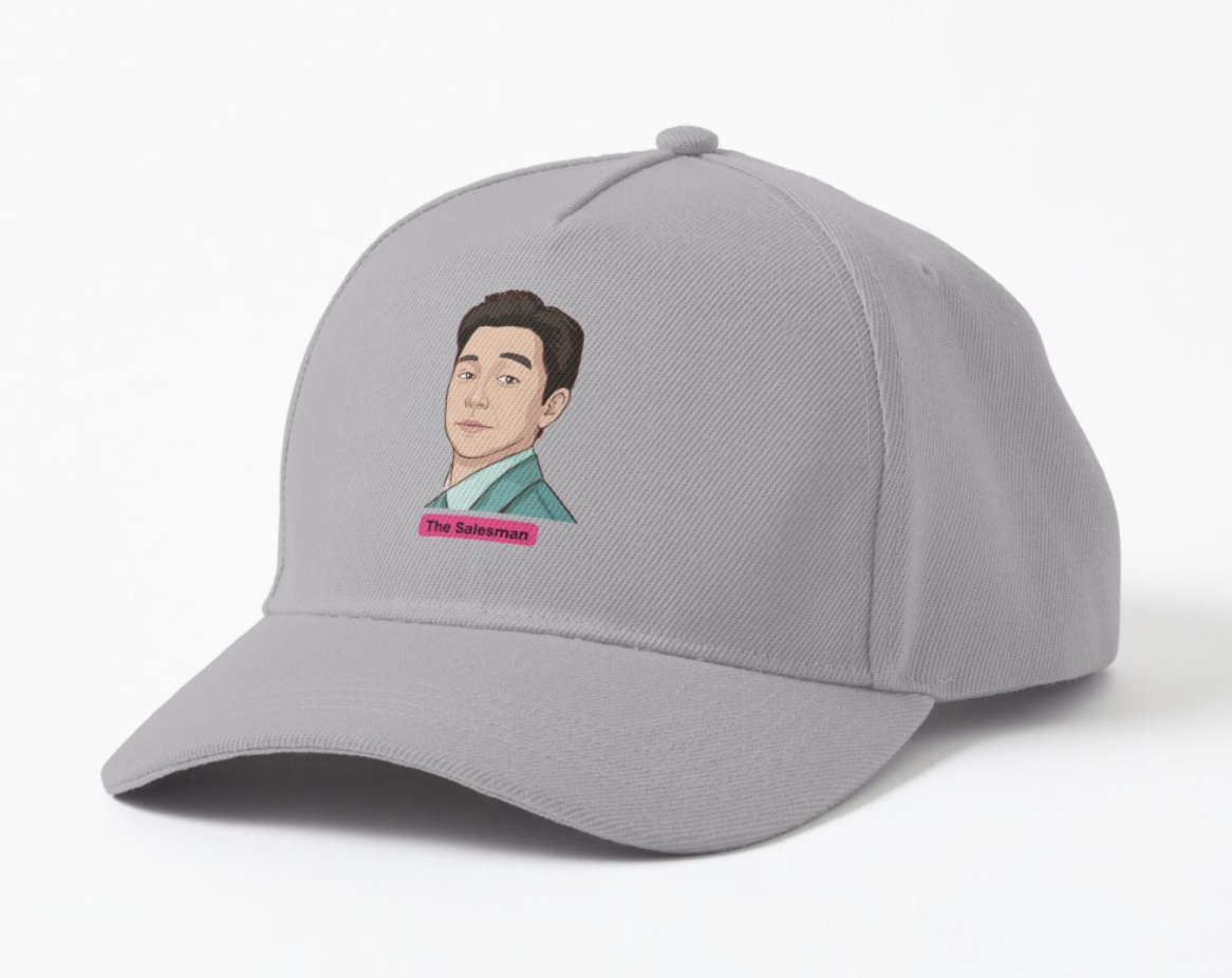 Gray dad cap with the salesman from Squid Game
